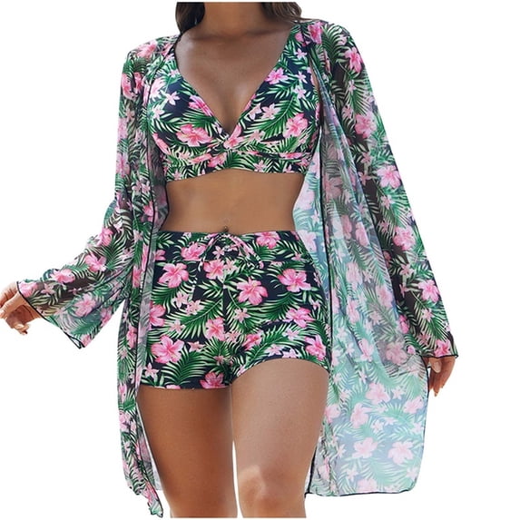 Enjoytime Bikini Sets for Women Floral Printed V Neck Tummy Control Bathing Suit with Cover Up Modest 3 Piece Swimsuit