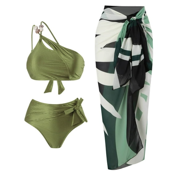 Enjoytime Bikini Sets for Women One Shoulder Tummy Control Swimsuit Modest 3 Piece Bathing Suits with Cover Up Wrap Skirt Sarong