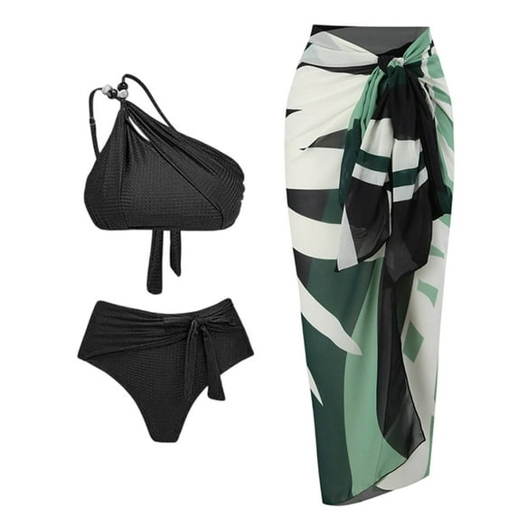 Enjoytime Bikini Sets for Women One Shoulder Tummy Control Swimsuit Modest 3 Piece Bathing Suits with Cover Up Wrap Skirt Sarong