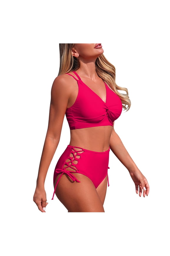 Bikini Sets for Women V-Neck Criss Cross Back Tummy Control Bathing Suit Side Drawstring Cutout Two Piece Swimsuit
