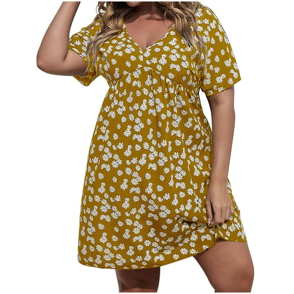 Enjoytime Birthday Dresses For Women Plus Size Floral Printed Mini Dresses Short Sleeves V Neck Flowy Beach Seaside Women's Hawaiian Dress