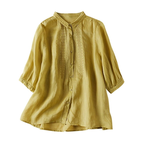 Enjoytime Birthday Gifts For Women Summer Short Sleeves Solid Color Turndown Collar Tops Cotton And Linen Button Loose Women Causal Shirt On Clearance