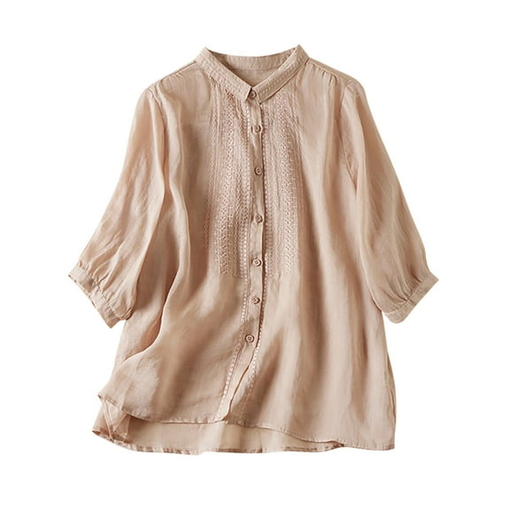 Enjoytime Birthday Gifts For Women Summer Short Sleeves Solid Color Turndown Collar Tops Cotton And Linen Button Loose Women Causal Shirt