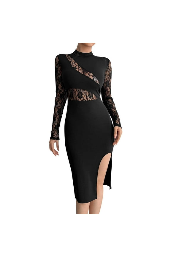 Black Dresses for Women Round Neck Lace Patchwork Slit Midi Dress Fashion Long Sleeve Elegant Cocktail Dress Black XL