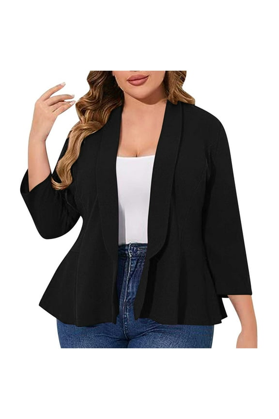 Blazer Dress for Women Solid Color Ruffled 3/4 Sleeve Suit Jacket Fashion Casual Work Office Outerwear Plus Size Clothes Black XXXL