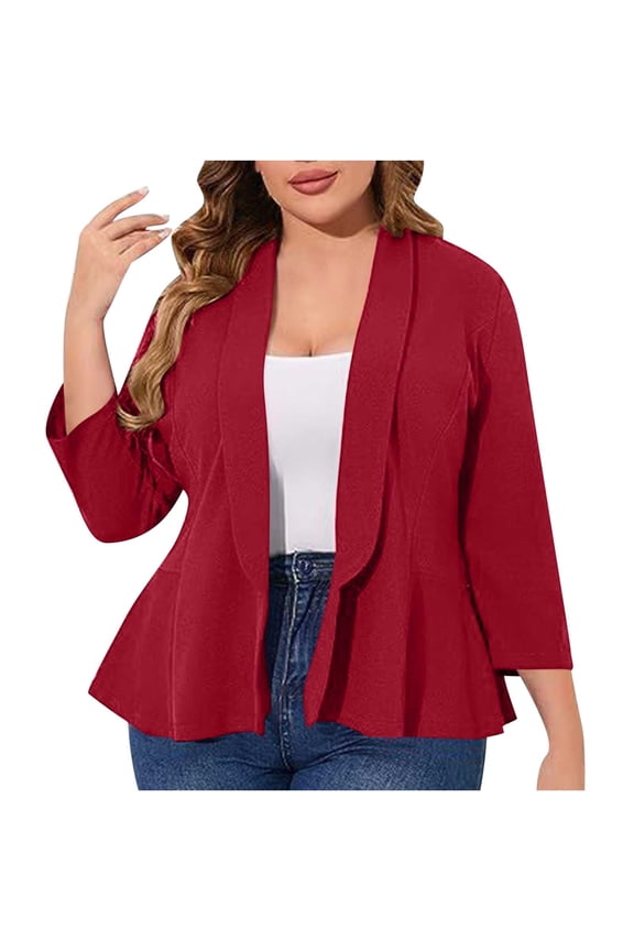 Blazer Dress for Women Solid Color Ruffled 3/4 Sleeve Suit Jacket Fashion Casual Work Office Outerwear Plus Size Clothes Red XL