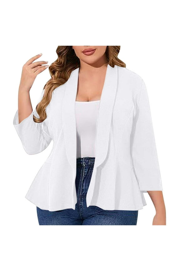 Blazer Dress for Women Solid Color Ruffled 3/4 Sleeve Suit Jacket Fashion Casual Work Office Outerwear Plus Size Clothes White XXL