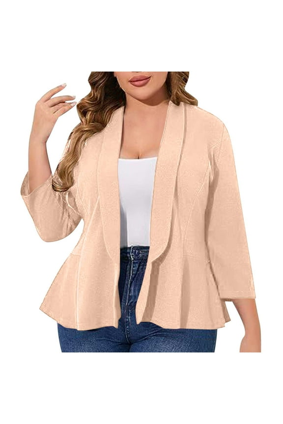 Blazer Dress for Women Solid Color Ruffled 3/4 Sleeve Suit Jacket Fashion Casual Work Office Outerwear Plus Size Clothes Yellow XXXXL