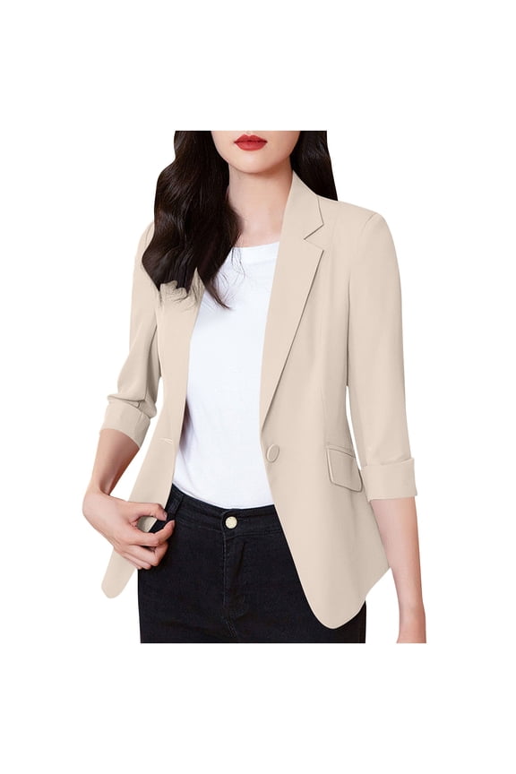 Blazers for Women Solid Color Lapel Button Down Casual Suit Jacket Fashion Work Office Business Outerwear Plus Size Clothes Beige XXXL