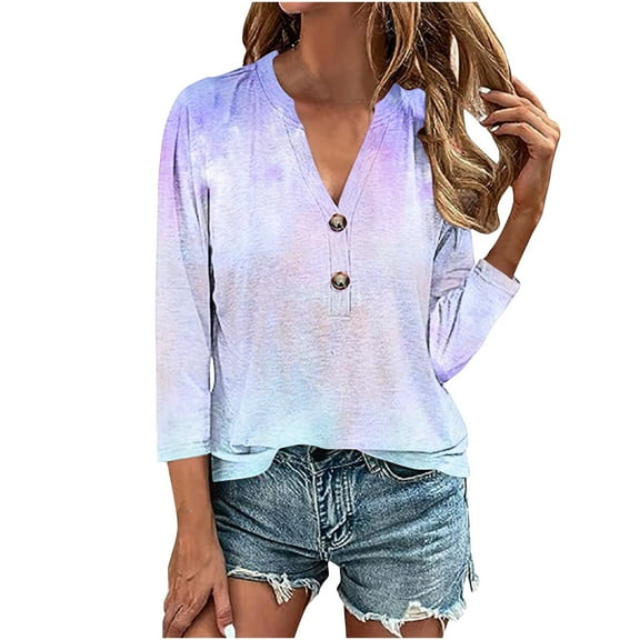 Enjoytime Blouse Tops for Women Gradient Color V Neck Button Down Blouses Lounge Baggy Tunics Business Work Pullover Women's Shirts Tops