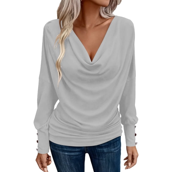 Enjoytime Blouses For Women Solid Color V-Neck Long Sleeve Shirts Spring Lightweight Business Dressy Casual Tops