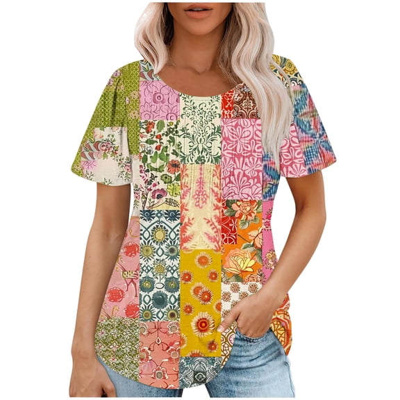 Enjoytime Blouses for Women Dressy Casual Fashion Flower Graphic Short Sleeve Scoop Neck T Shirts Tops Summer Loose Soft Dailywear Streetwear Women Summer Vacation Outfits 2025