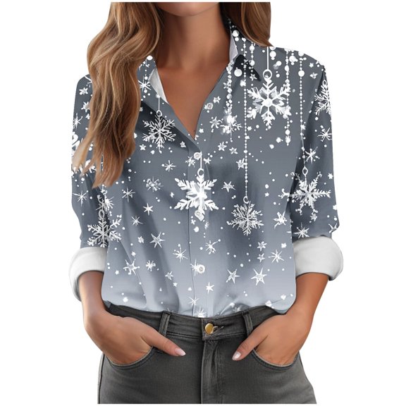 Enjoytime Blouses for Women Casual Christmas Printed Long Sleeve Plus Size Tops Fall Winter Trendy Women Button Down Shirt Gray XXXL