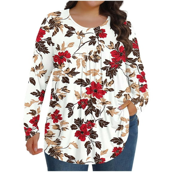 Enjoytime Blouses for Women Casual Floral Print Round Neck Long Sleeve Fold Shirts Fashion Vacation Loose Tops Plus Size Womens Clothing Multicolor L