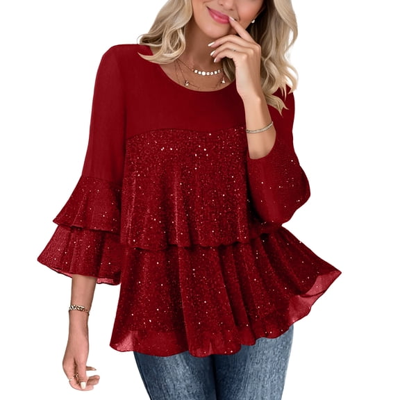 Enjoytime Blouses for Women Casual Solid Color Crewneck Ruffles 3/4 Sleeve Sparkly Tops Party Gathering Elegant Flowy Trendy Shirts Wine S