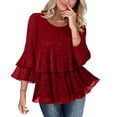 thumbnail image 1 of Enjoytime Blouses for Women Casual Solid Color Crewneck Ruffles 3/4 Sleeve Sparkly Tops Party Gathering Elegant Flowy Trendy Shirts Wine XL, 1 of 8