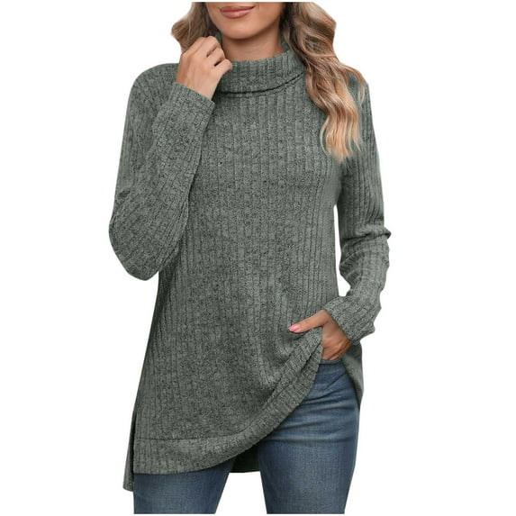 Enjoytime Womens Long Sleeve Tops Solid Color High Neck Side Slit Trendy Shirts Soft Basic Business Casual Blouses Fashion Fall Winter Clothes 2025 Green XXL