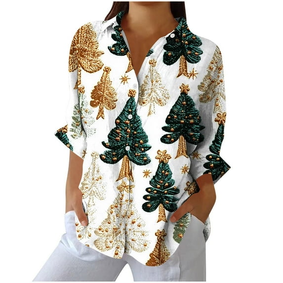 Enjoytime Blouses for Women Christmas Vintage Printed V-Neck Button Down Long Sleeve Tops Fashion Casual Plus Size Shirt