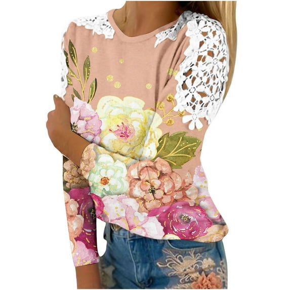 Enjoytime Blouses for Women Crewneck Womens Long Sleeve Shirts Flower Print Loose Fit Pullover Hollow Out Tunic Top Trendy 2025