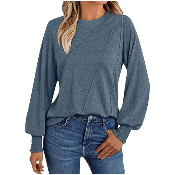 Enjoytime Blouses for Women Dressy Casual Round Neck Long Sleeved Shirts Solid Color Business Office Work Tops Blue XL