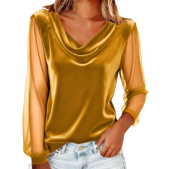 Enjoytime Blouses for Women Dressy Casual Solid Color Cowl Neck Mesh Patchwork Short Sleeve Shirts Elegant Fashion Party Casual Tops Yellow XL