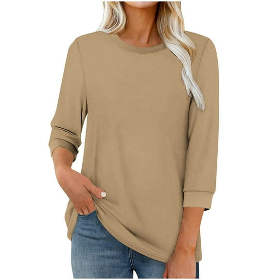 Enjoytime Blouses for Women Dressy Casual Solid Color Round Neck 3/4 Sleeves Tops Trendy Business Work Shirts Khaki XL