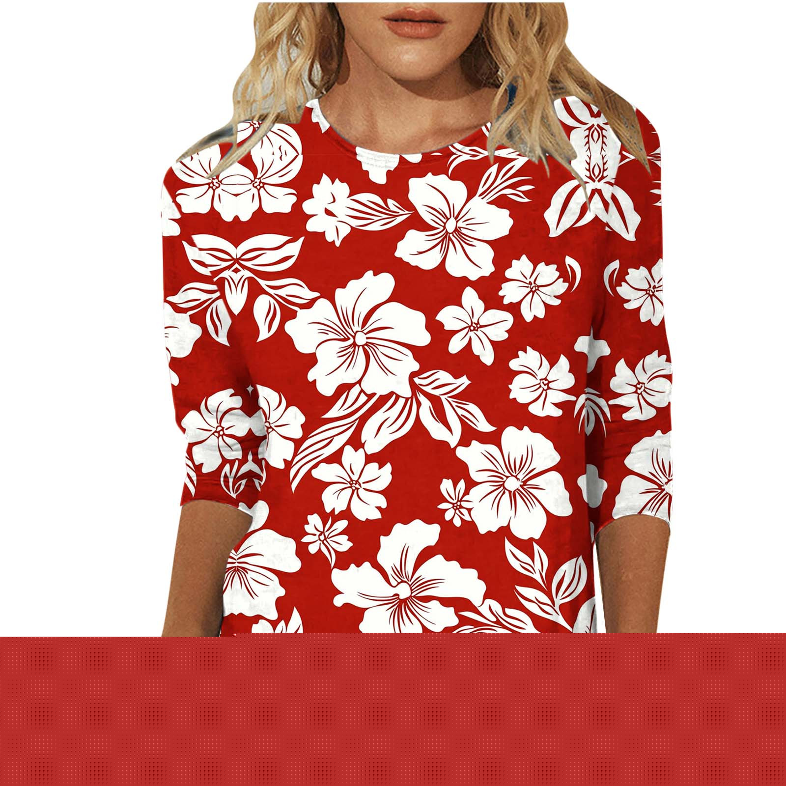 Enjoytime Blouses for Women Floral Printed Round Neck 3/4 Sleeve Shirt Summer Beach Vacation Casual Plus Size Tops Red XL