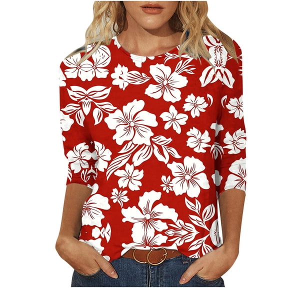 Enjoytime Blouses for Women Floral Printed Round Neck 3/4 Sleeve Shirt Summer Beach Vacation Casual Plus Size Tops Red XXL