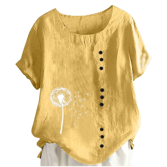Enjoytime Blouses for Women Printed Round Neck Button Short Sleeve Shirts Spring Summer Fashion Casual Basic Tops Yellow L