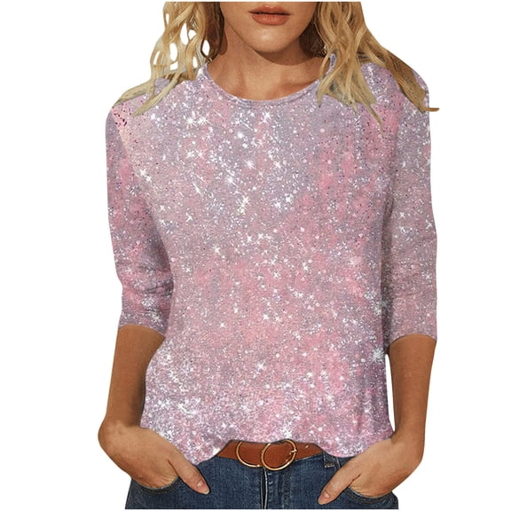 Enjoytime Blouses for Women Sequin Print Sparkly Glitter Party Y2K Tops Long Sleeve Blouse V-Neck Dressy Shirts for Evening Party