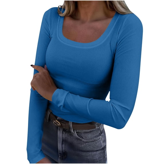 Enjoytime Blouses for Women Solid Color Crewneck Long Sleeve Shirts Plus Size Fashion Business Casual Tops Blue XXXL