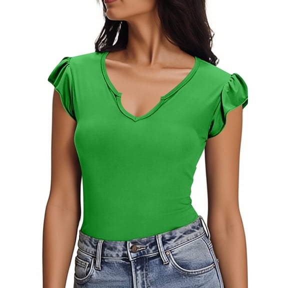 Enjoytime Blouses for Women Solid Color V-Neck 1/4 Sleeve Crop Tops 2026 Spring Summer Vacation Casual Shirts Green L