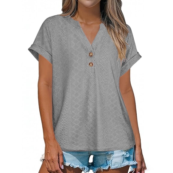 Enjoytime Blouses for Women Solid Color V-Neck Button Down Shirts Trendy Casual Basic Short Sleeve Tops Summer Spring Clothes Gray M