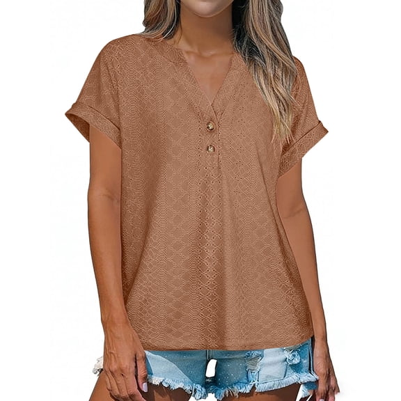 Enjoytime Blouses for Women Solid Color V-Neck Button Down Shirts Trendy Casual Basic Short Sleeve Tops Summer Spring Clothes Khaki M