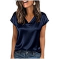 thumbnail image 1 of Enjoytime Blouses for Women Solid Color V-Neck Satin Short Sleeve Work Shirts Summer Lightweight Business Casual Tops, 1 of 5