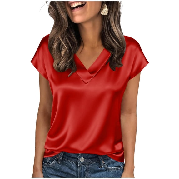 Enjoytime Blouses for Women Solid Color V-Neck Satin Short Sleeve Work Shirts Summer Lightweight Business Casual Tops