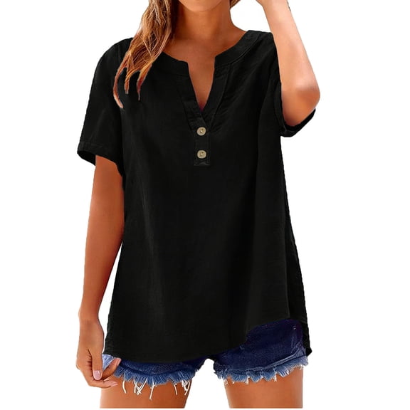 Enjoytime Blouses for Women Solid Color V-Neck Short Sleeve Shirts Spring Summer Beach Vacation Casual Plus Size Tops Black S