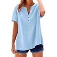 thumbnail image 1 of Enjoytime Blouses for Women Solid Color V-Neck Short Sleeve Shirts Spring Summer Beach Vacation Casual Plus Size Tops Light Blue S, 1 of 3