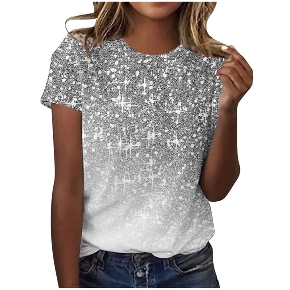 Enjoytime Blouses for Women Sparkling Crystal Printed Round Neck Casual Tops Fashion Trendy Short Sleeve Shirt Gray XL