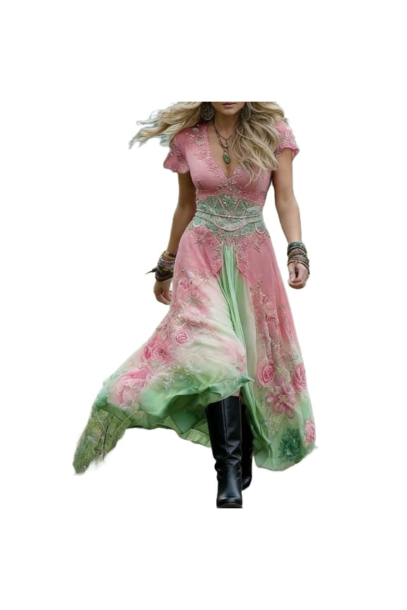 Boho Dresses for Women Floral V-Neck Short Sleeve Flowy Maxi Dress Casual Vacation Plus Size Dress