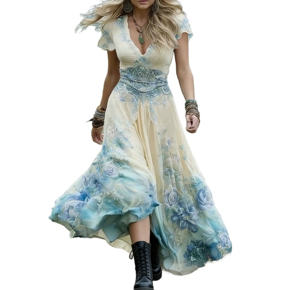 Enjoytime Boho Dresses for Women Floral V-Neck Short Sleeve Flowy Maxi Dress Casual Vacation Plus Size Dress