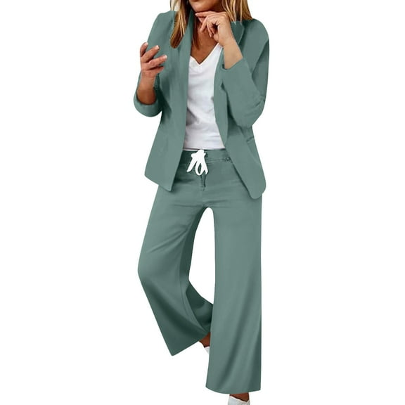 Enjoytime Business Casual Outfits for Women Solid Color Long Sleeve Suit and Straight Leg Pants Two Piece Set Dressy Casual Suiting Business Office Sets
