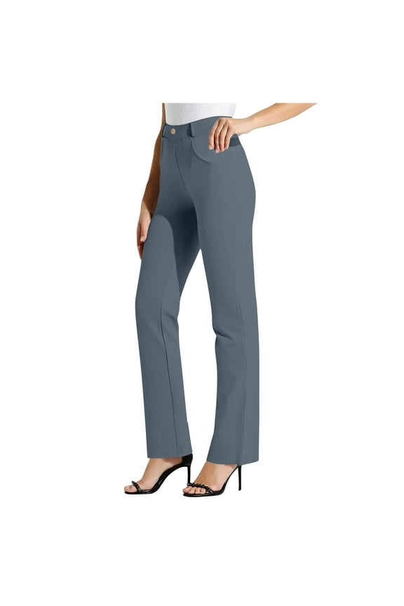 Business Casual Pants for Women Solid Color Elastic Waist Straight Leg Pants Office Work Yoga Trousers Gray S
