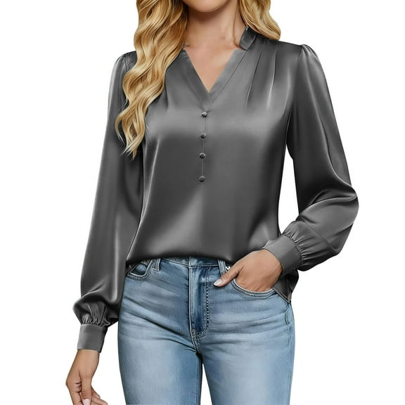 Enjoytime Business Casual Tops For Women Solid Color V-Neck Pleated Long Sleeve Shirt Temperament Satin Fashion Blouses