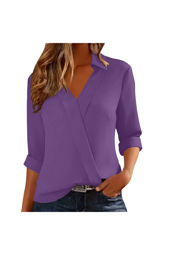 Business Casual Tops for Women Solid Color V Neck Collared 3/4 Sleeve Shirts Spring Dressy Casual Blouses Purple S