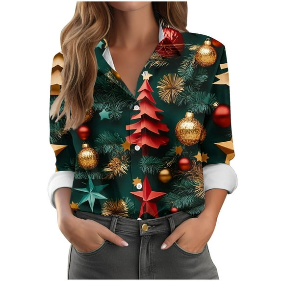 Enjoytime Button Down Shirts for Women Christmas Printed V-Neck Long Sleeve Tops Fall Winter Casual Plus Size Womens Blouses Red XXXL