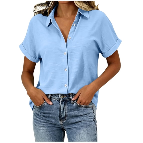 Enjoytime Button Down Shirts for Women Collared Short Sleeve Work Shirts Solid Color Dressy Business Casual Tops