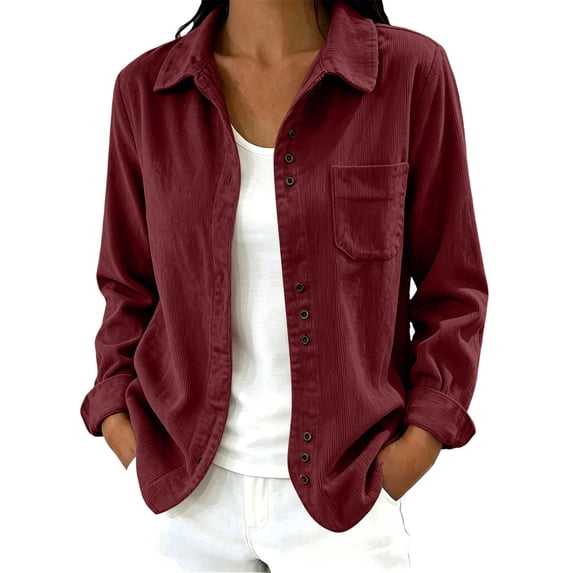 Enjoytime Button Down Shirts for Women Corduroy Collared Long Sleeve Tops Fall Fashion Work Casual Blouses with Pockets