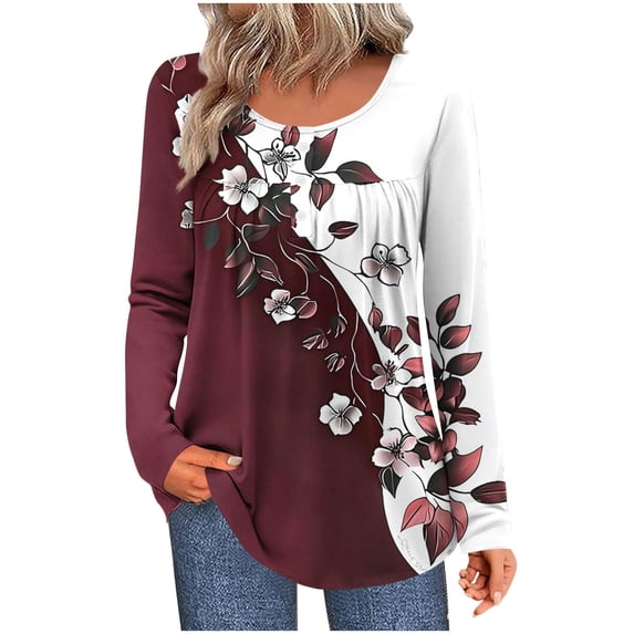 Enjoytime Button Down Shirts for Women Floral Printed Round Neck Long Sleeve Dressy Casual Tops Fall Winter Trendy Work Shirts Wine XXL