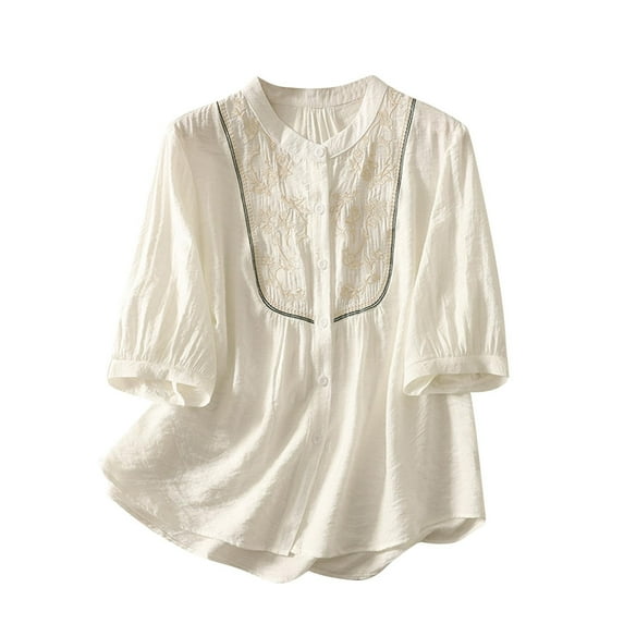 Enjoytime Button Down Shirts for Women Imitation Linen Embroidered Solid Color Blouses Casual Work 3/4 Sleeve Tops